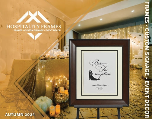 A cover of a catalogue, A directional Signage Frame in a fall reception