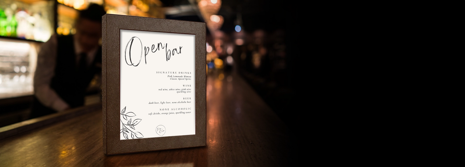 A Buckingham leather frame on a bar with a drink menu insert for an event 